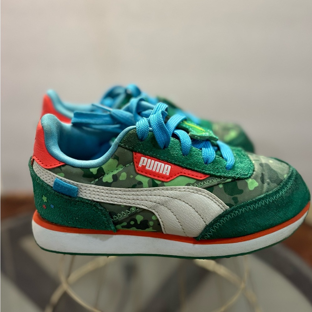Puma Kids Green Camo Sneakers with Blue Accents